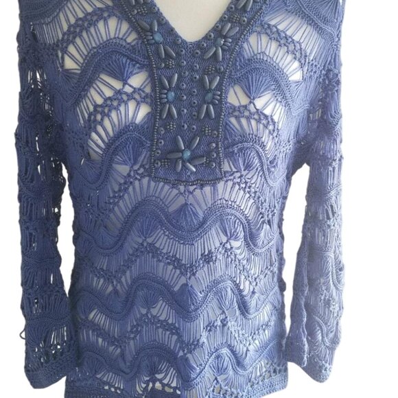 Chicos Blue Crochet Knit Beaded V-Neck Sweater Top Womens Size 1 - Picture 1 of 5